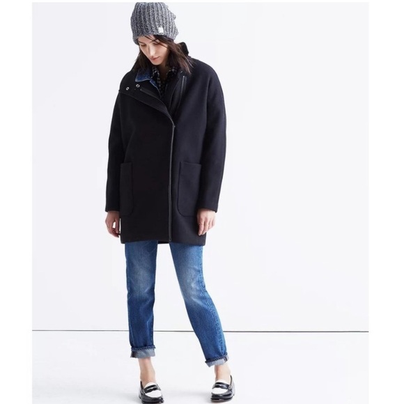 Madewell Zip Front Long Sleeve Wool Blend Vegan Leather Trim Coat - Picture 1 of 13